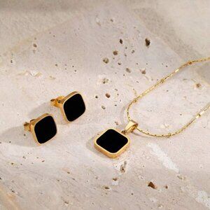 18K Gold Filled Black Enamel Pendant Necklace & Stud Earrings Set
